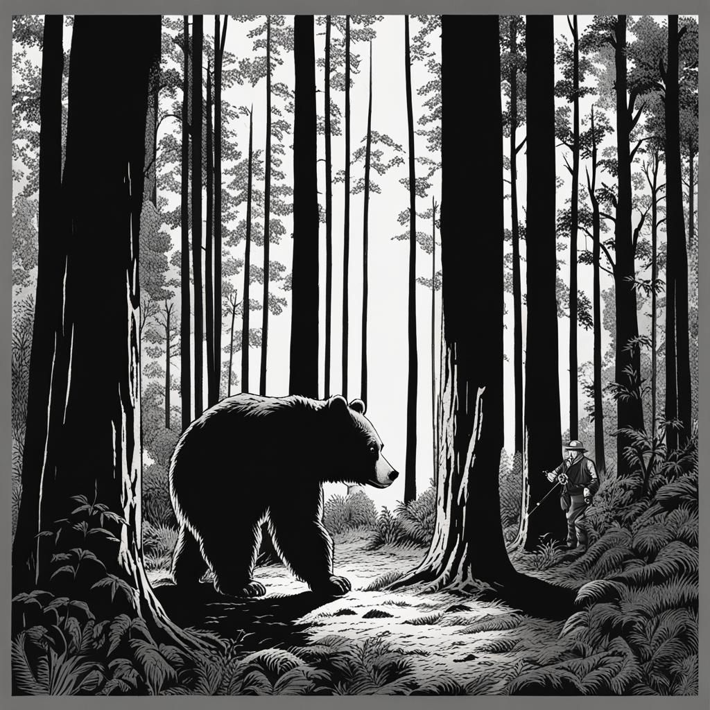 Man in Woods with Flashlight and Distant Bear
