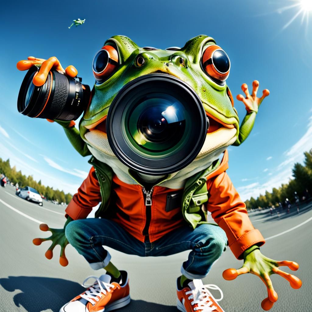 Anthropomorphic Frog Photographer with Fisheye Lens