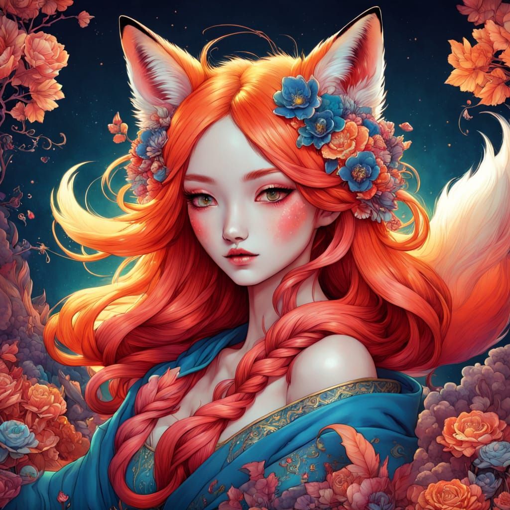 Fantasy Fox in Warm Tones, Minhwa Style