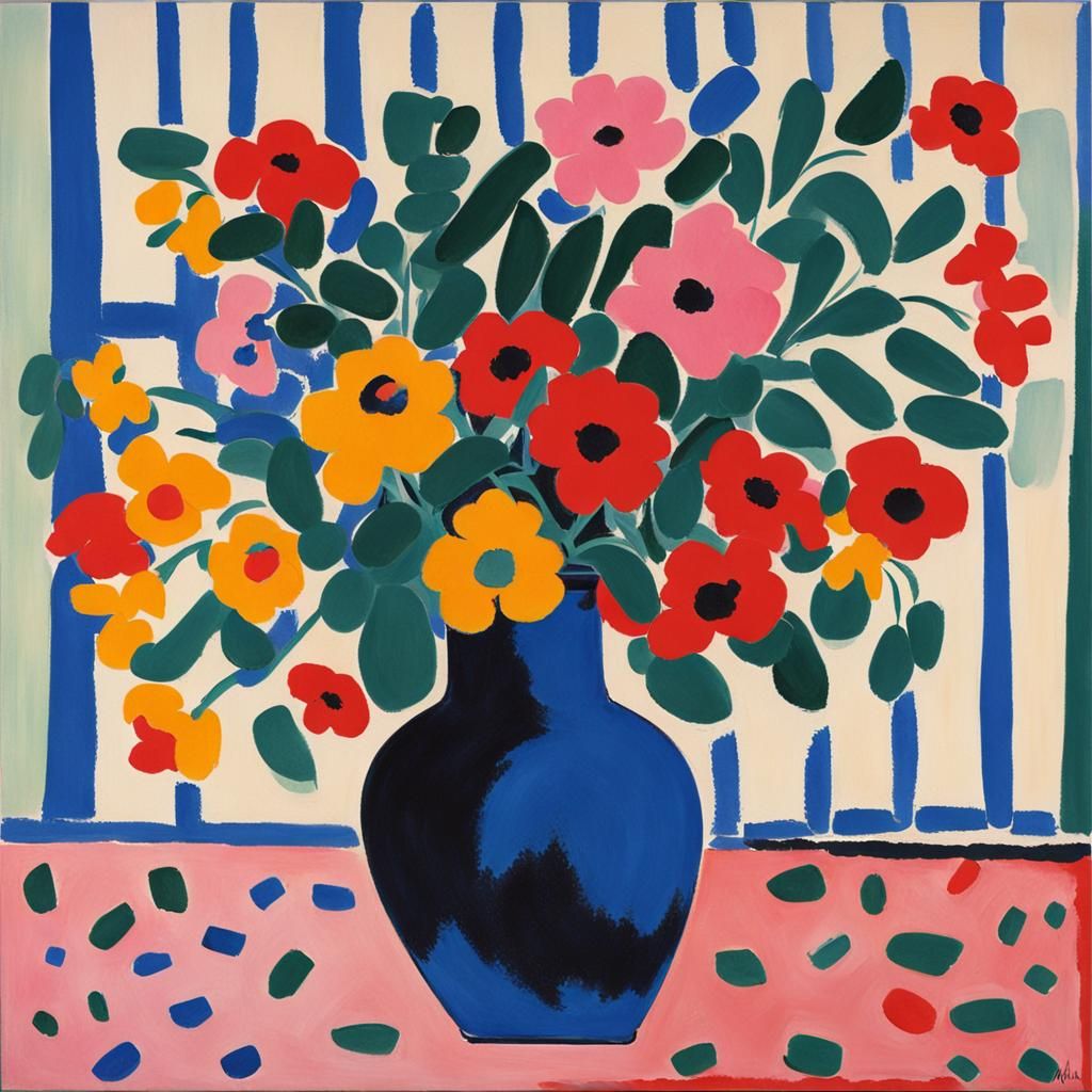 Matisse Inspired Flowers Vase in Modern Art Style