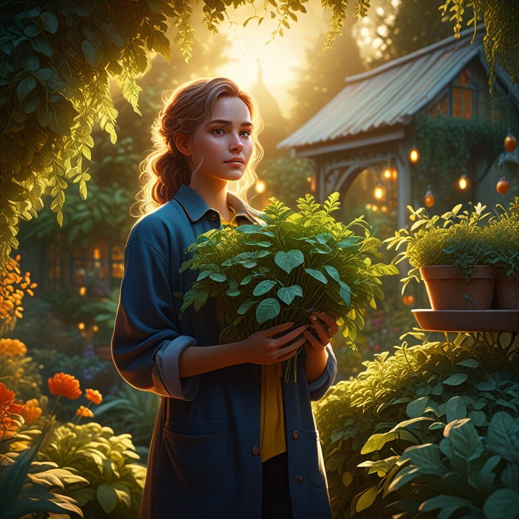 Person Holding Herbs in Fantasy Garden Art