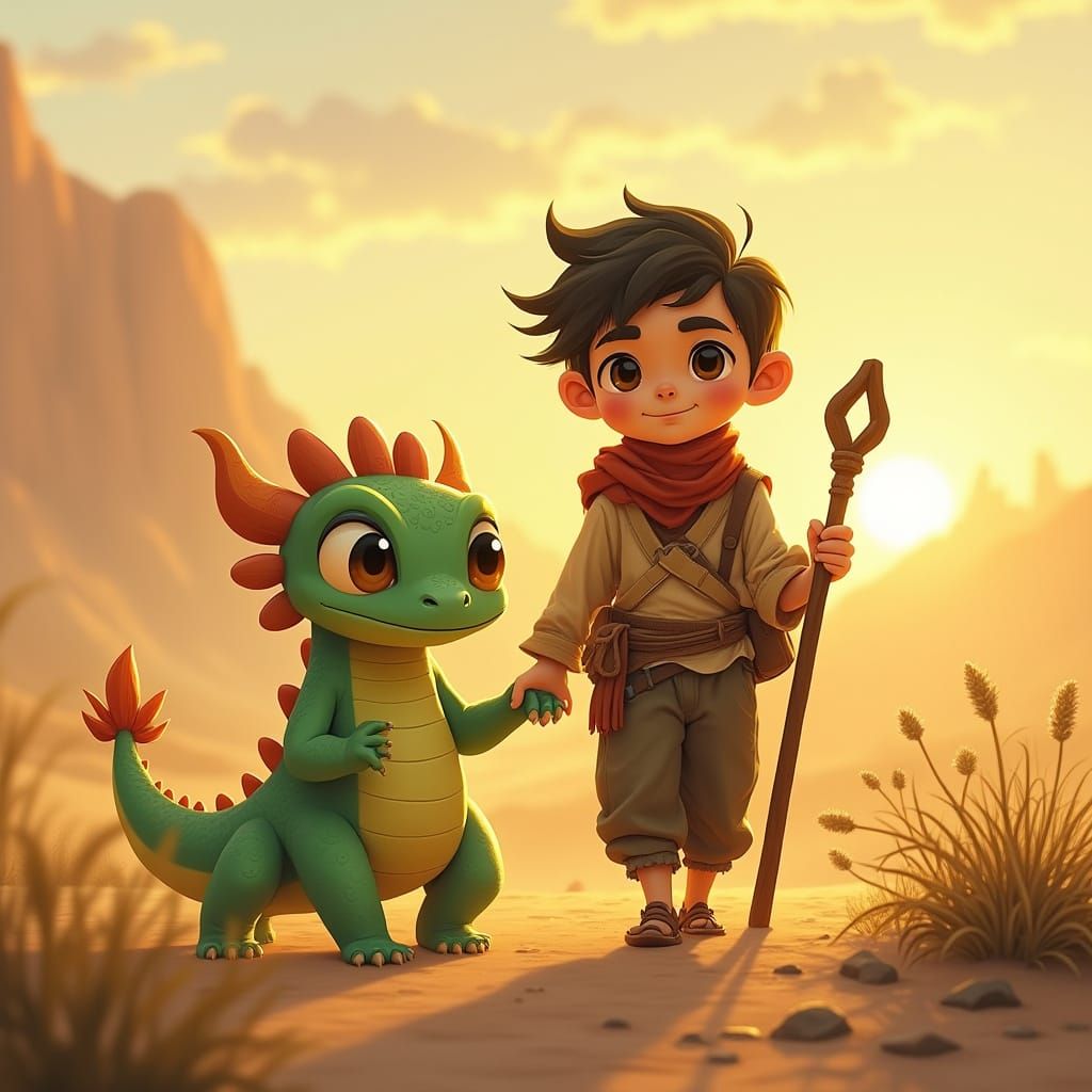 Chubby Emerald Dragon and Boy Walk Desert at Sunrise