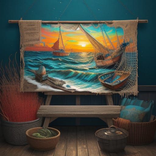 Fishermen Preparing Nets in Vibrant Splash Art Style