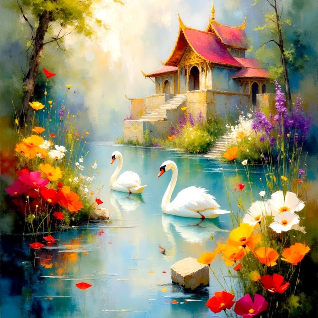 Epic Fantasy Scene with Vibrant Temples and White Swans
