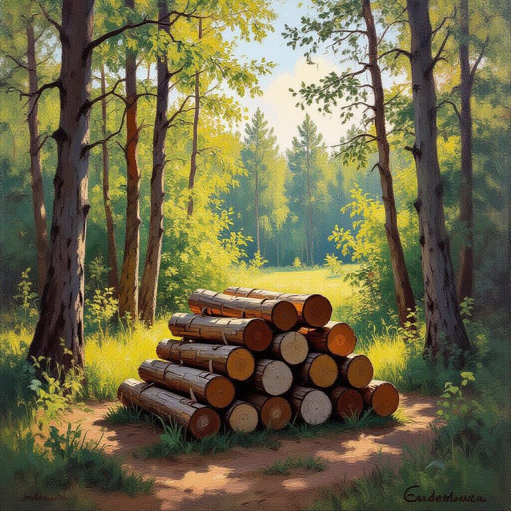 Wood Pile in Forest, Impressionistic Style
