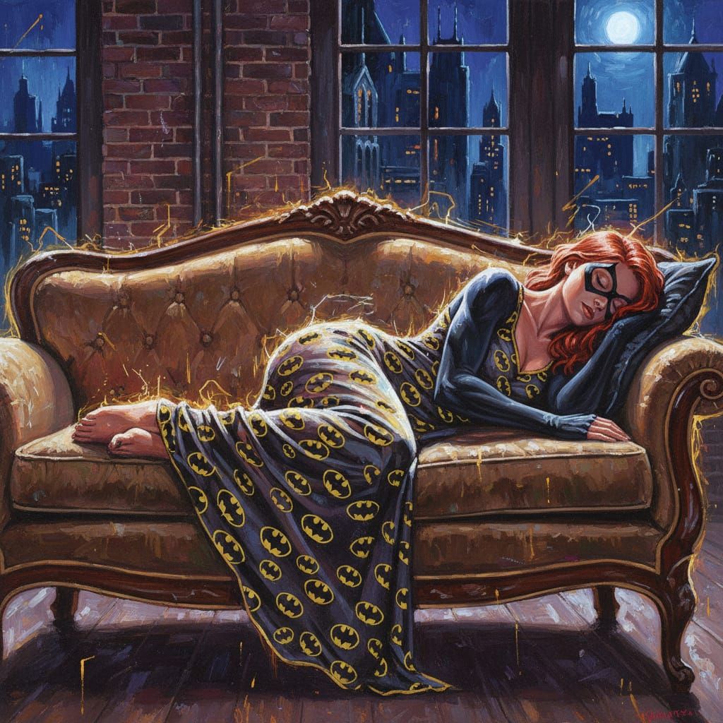 Batgirl in Batman Nightgown Sleeps on Sofa