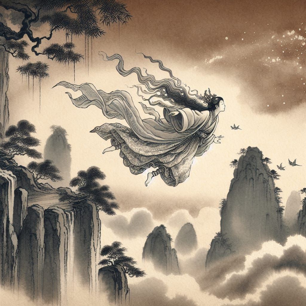 Graceful Descent of a Fairy Woman: Charcoal and Watercolor