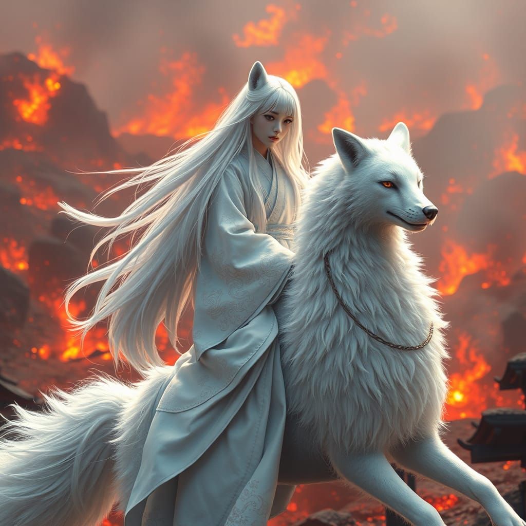 Japanese Girl on White Fox in Inferno Battlefield