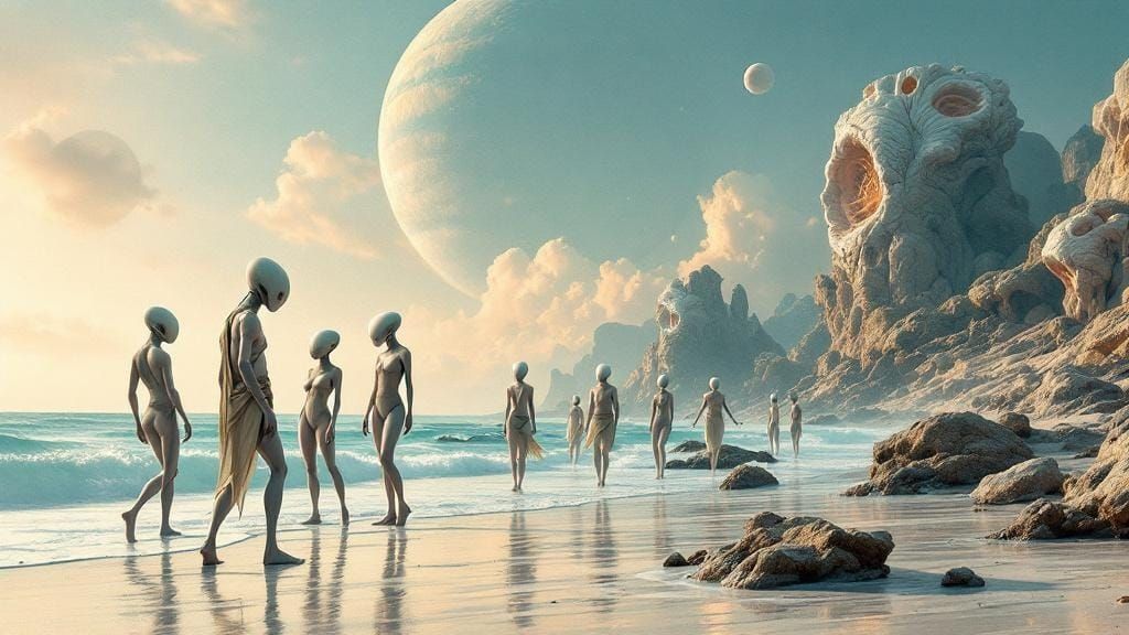 Alien Humanoids Dancing on a Glimmering Beach