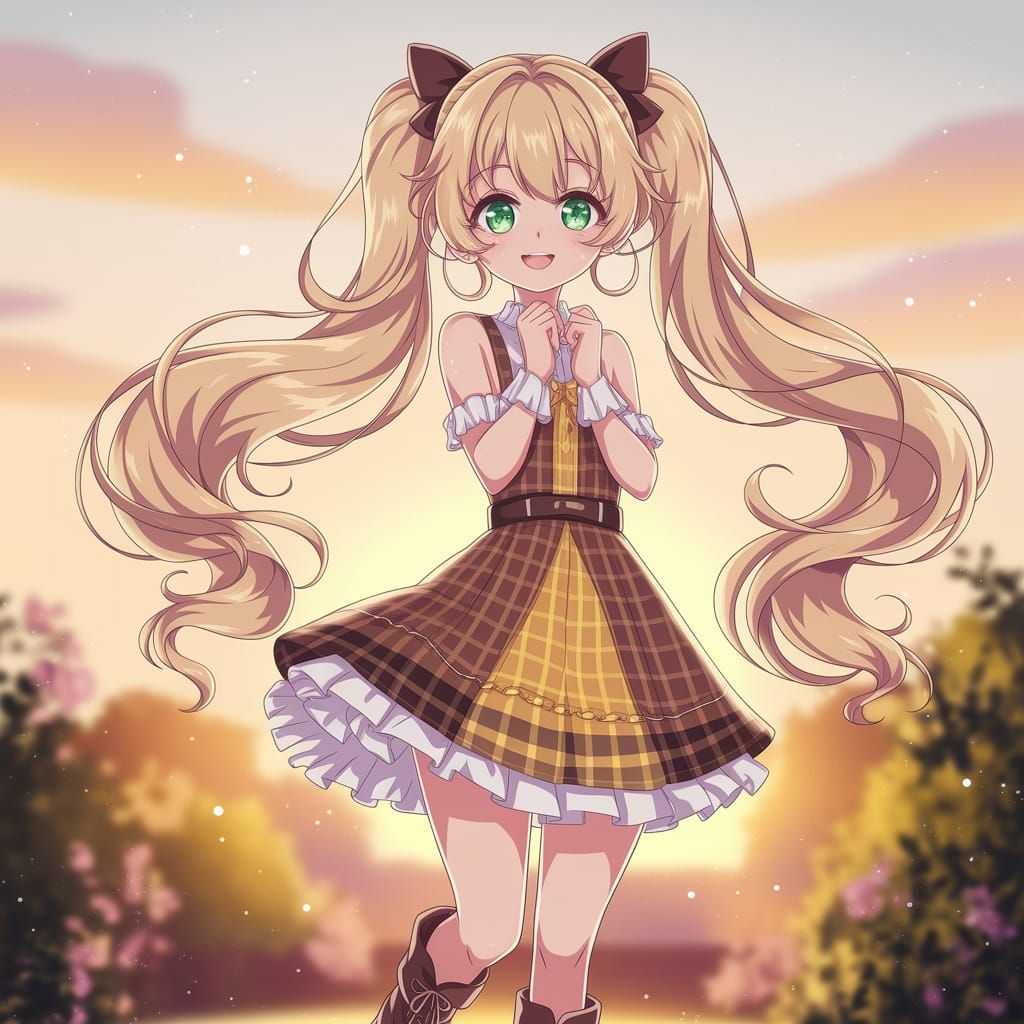 Anime Girl with Blonde Pigtails and Gingham Dress