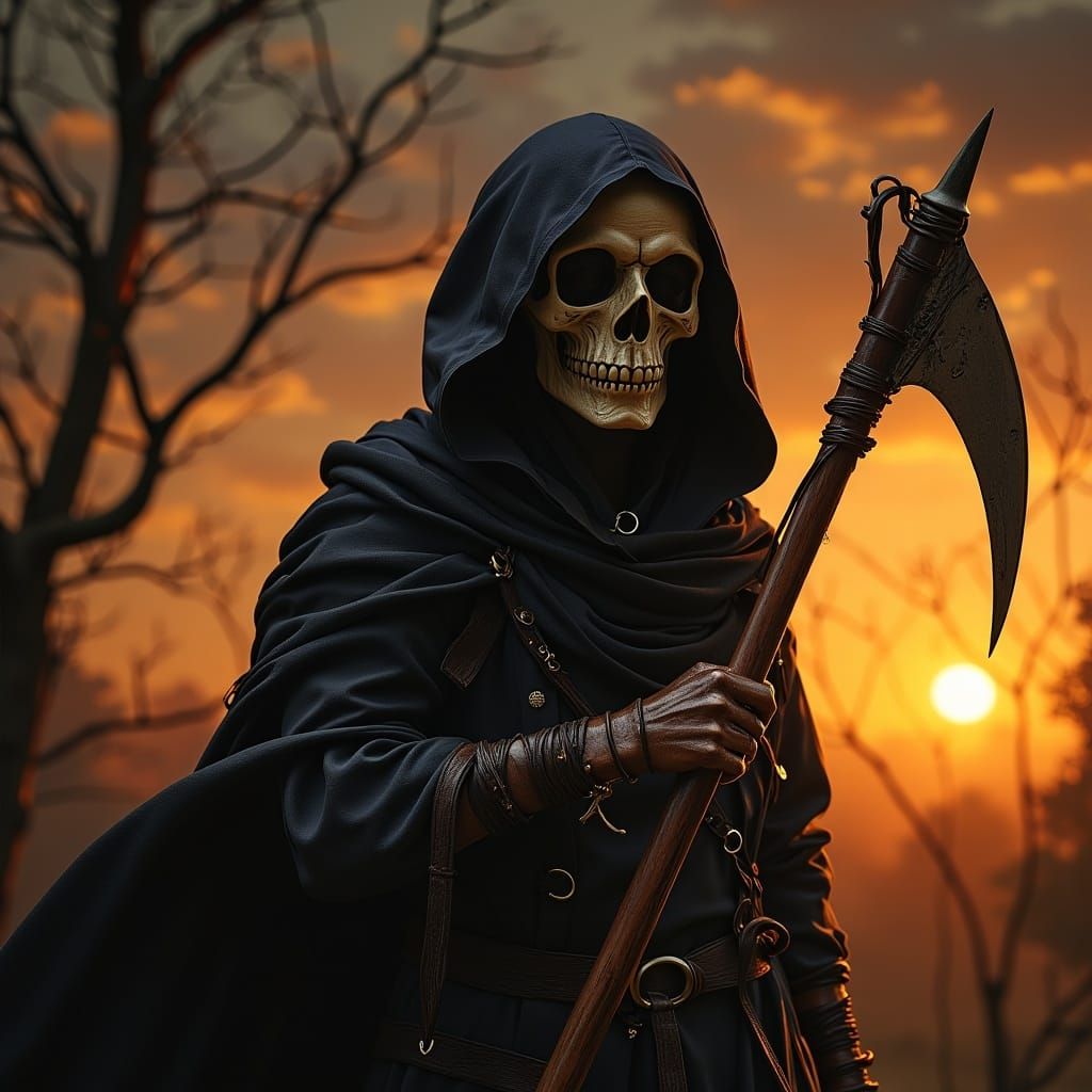 Mysterious Grim Reaper Portrait at Sunset