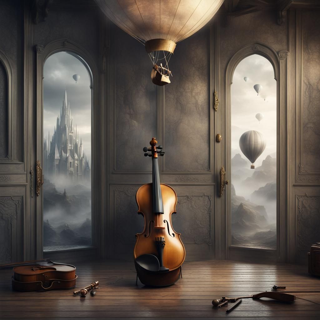 Dreamy Violin Composition in Detailed Matte Painting Style