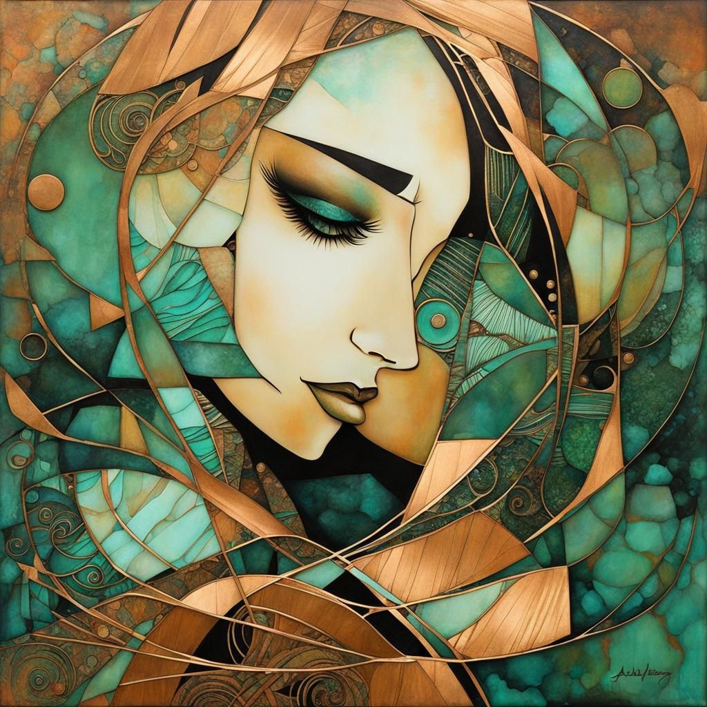 Copper Girl with Verdigris Patina, Cubist Style