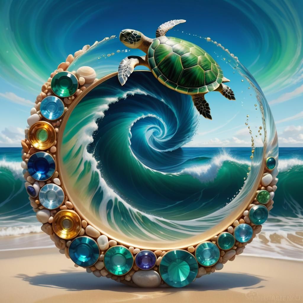 Gemstone Turtle in Ocean Wave, Illustrative Painting