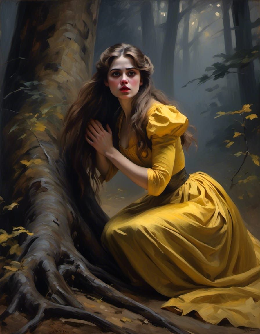 Frightened Victorian Woman in Misty Forest