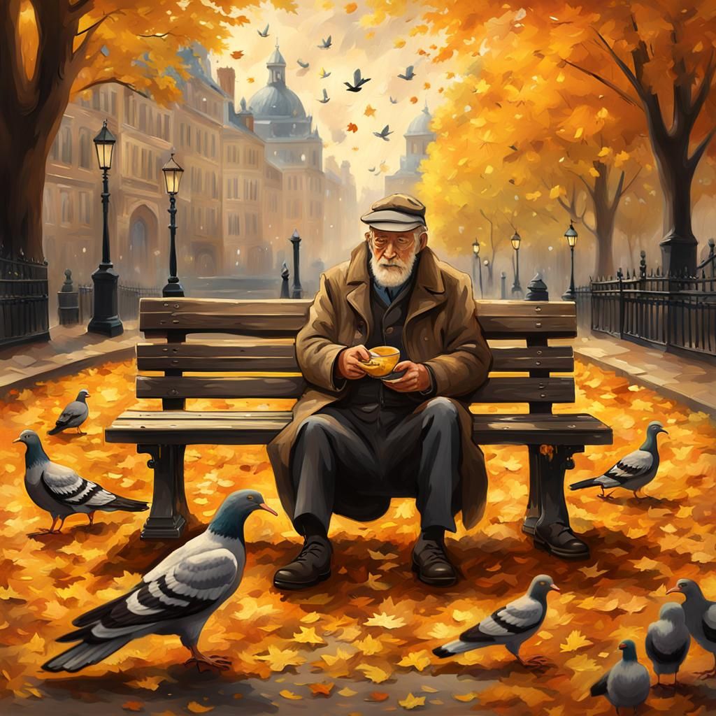 Impressionistic Old Man Feeding Pigeons in Autumn