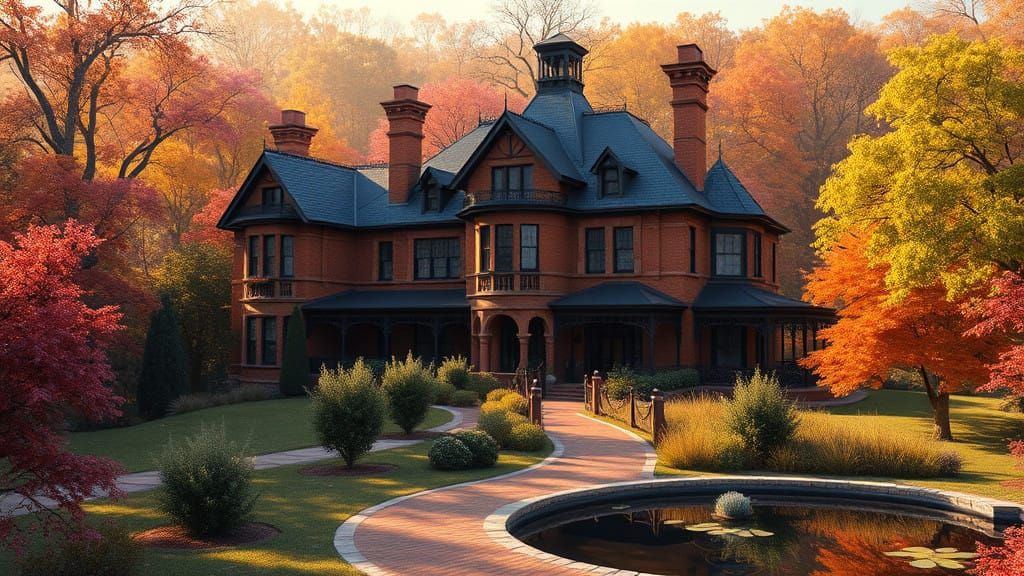 Victorian Mansion Amidst Vibrant Foliage in Whimsical Fantas...