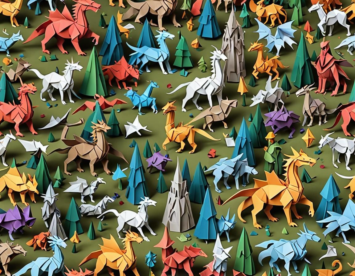Mythical Camelot with Dragons in Origami Style