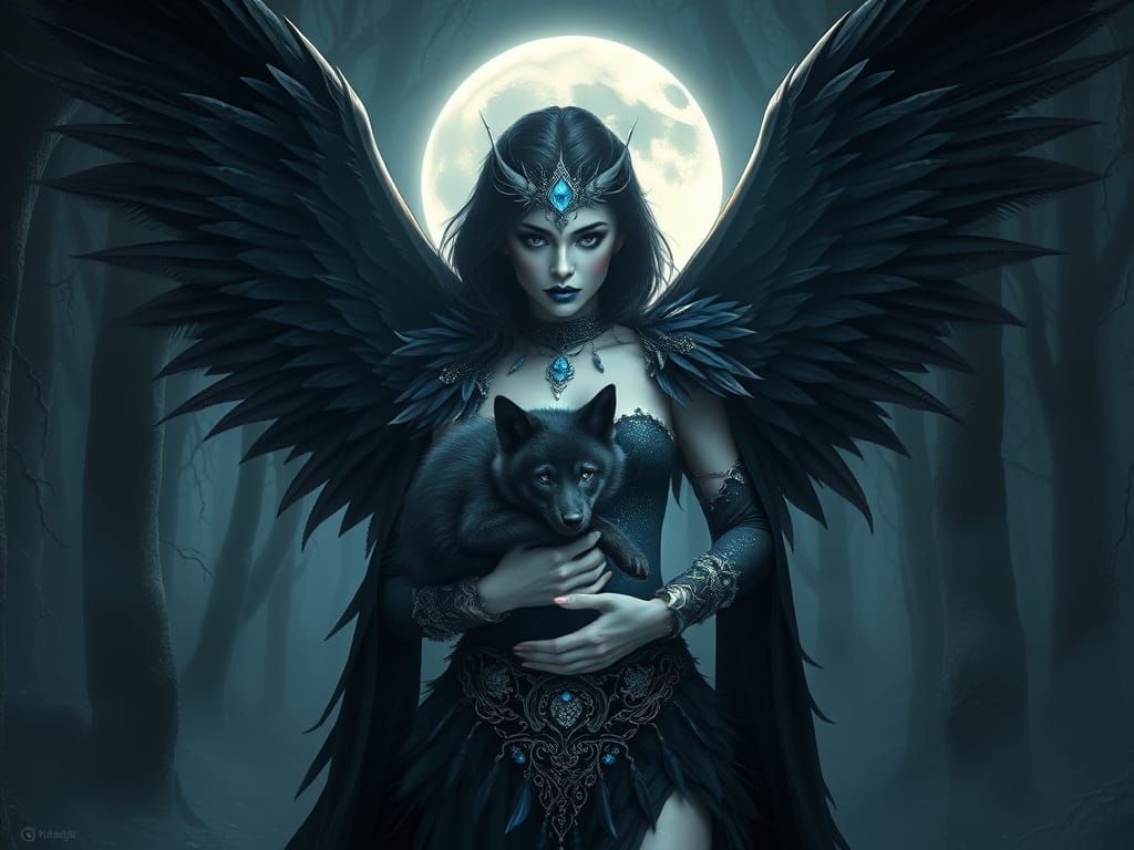 A dramatic, dark fantasy portrait showcases a fierce winged warrior with strikingly blue lips and long, flowing black ha...