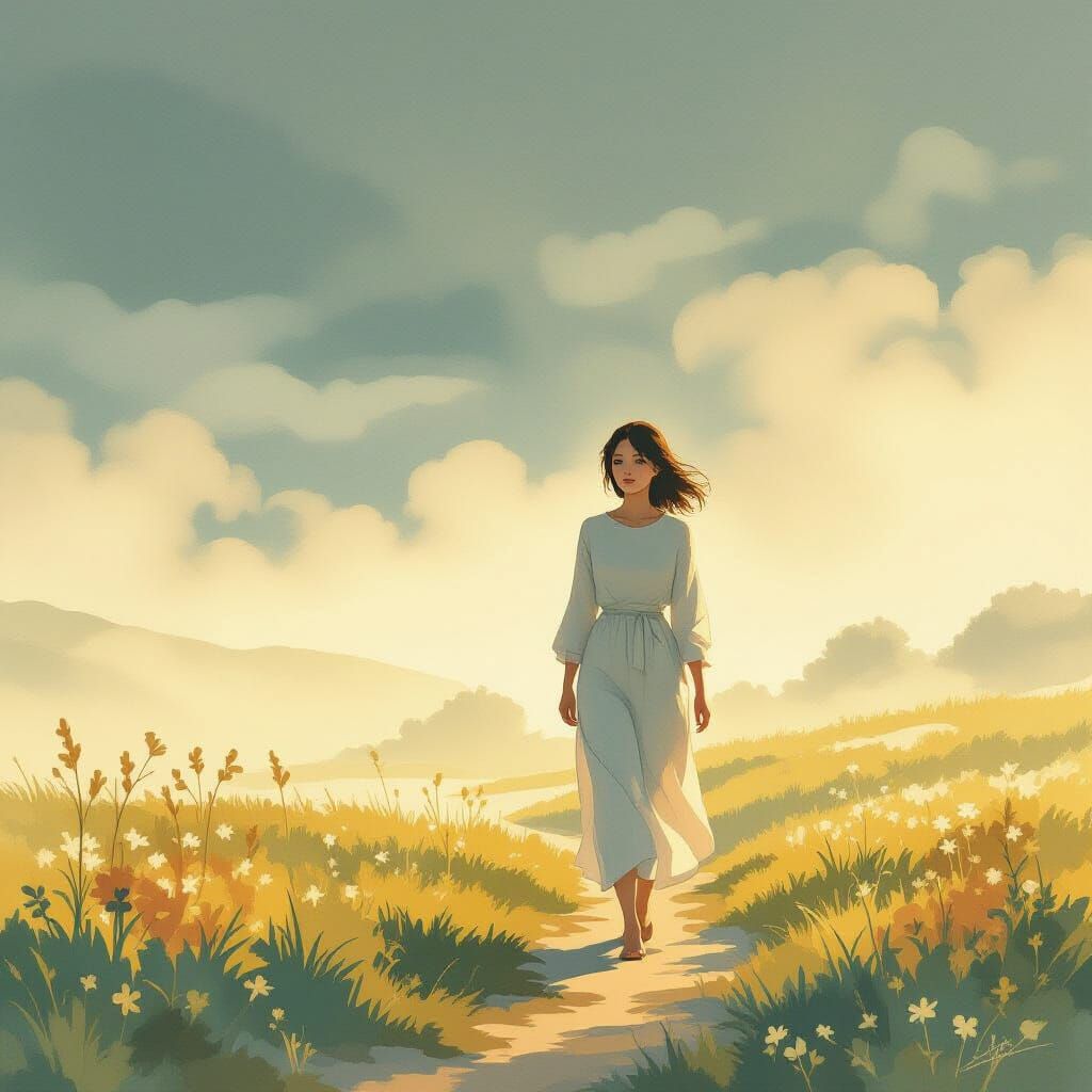 Misty Landscape: Serene Woman in Anime Style