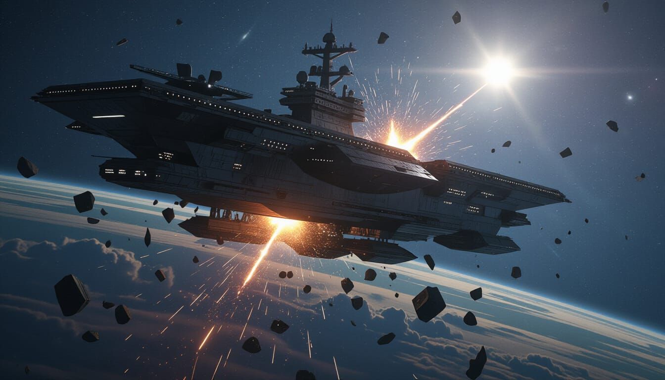 Damaged Futuristic Space Carrier in Orbital Battle