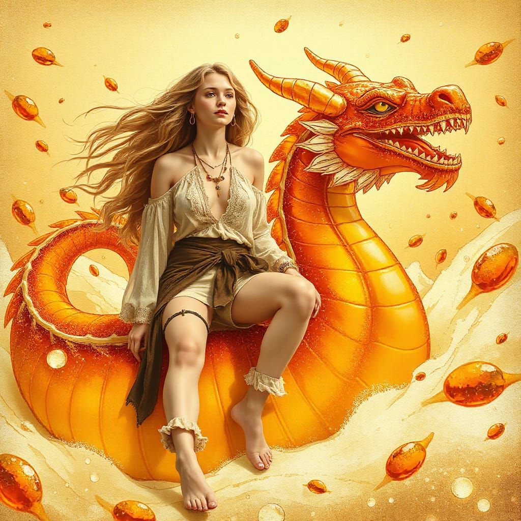 Woman on Gummy Dragon in Effervescent Soda Sea