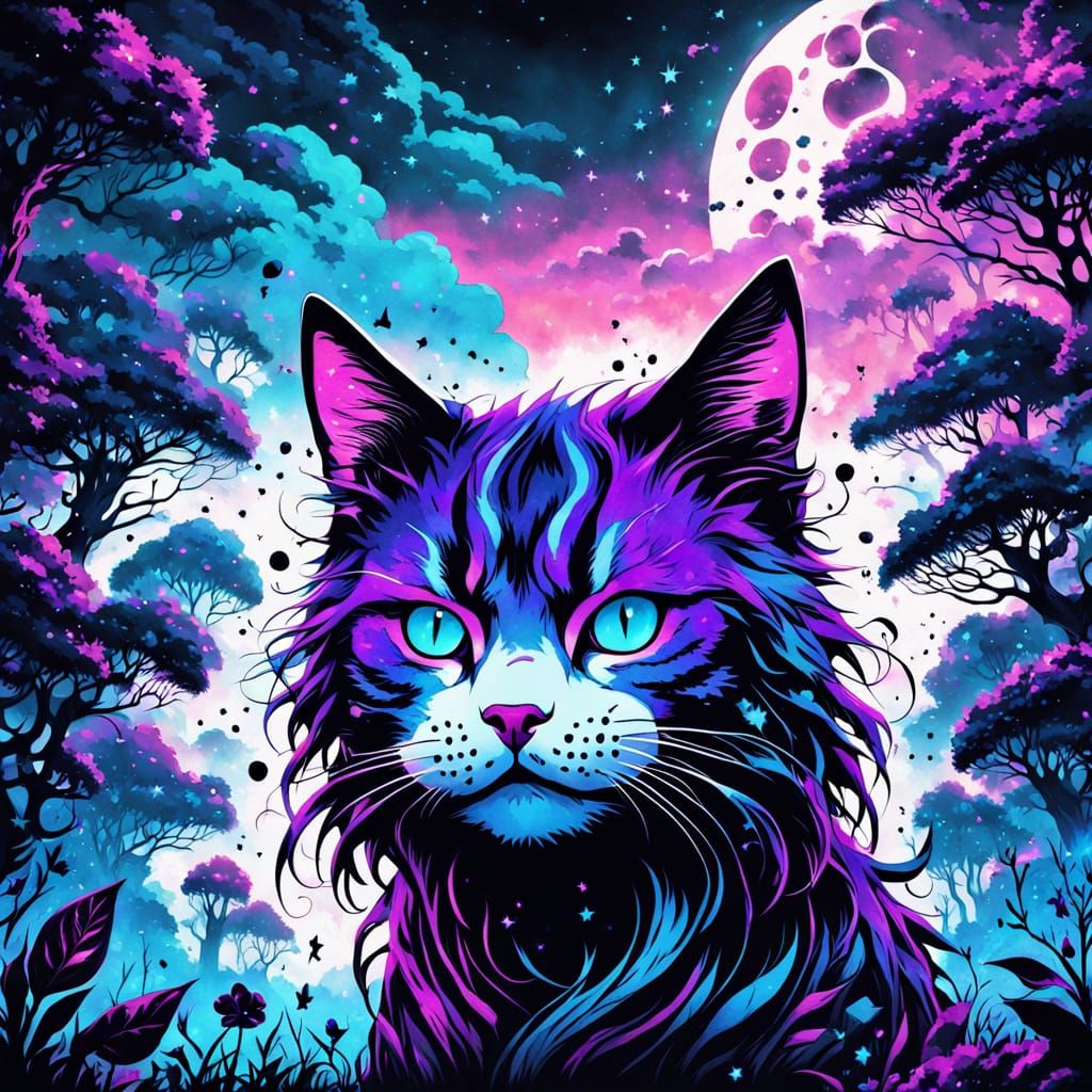 surrealism, cat and the moon, double exposure, silhouettes, ...