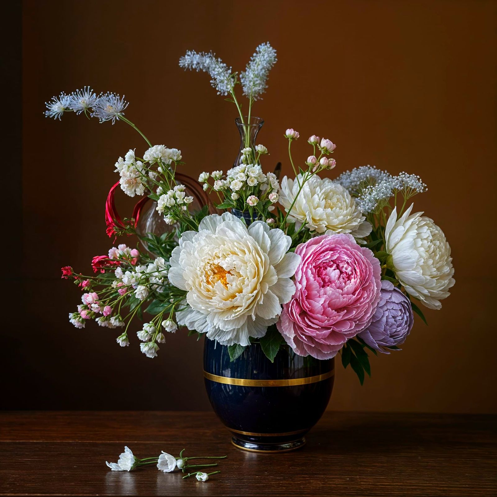 Dark Blue Vase with Exotic Peonies and Gypsophila in Ochre G...