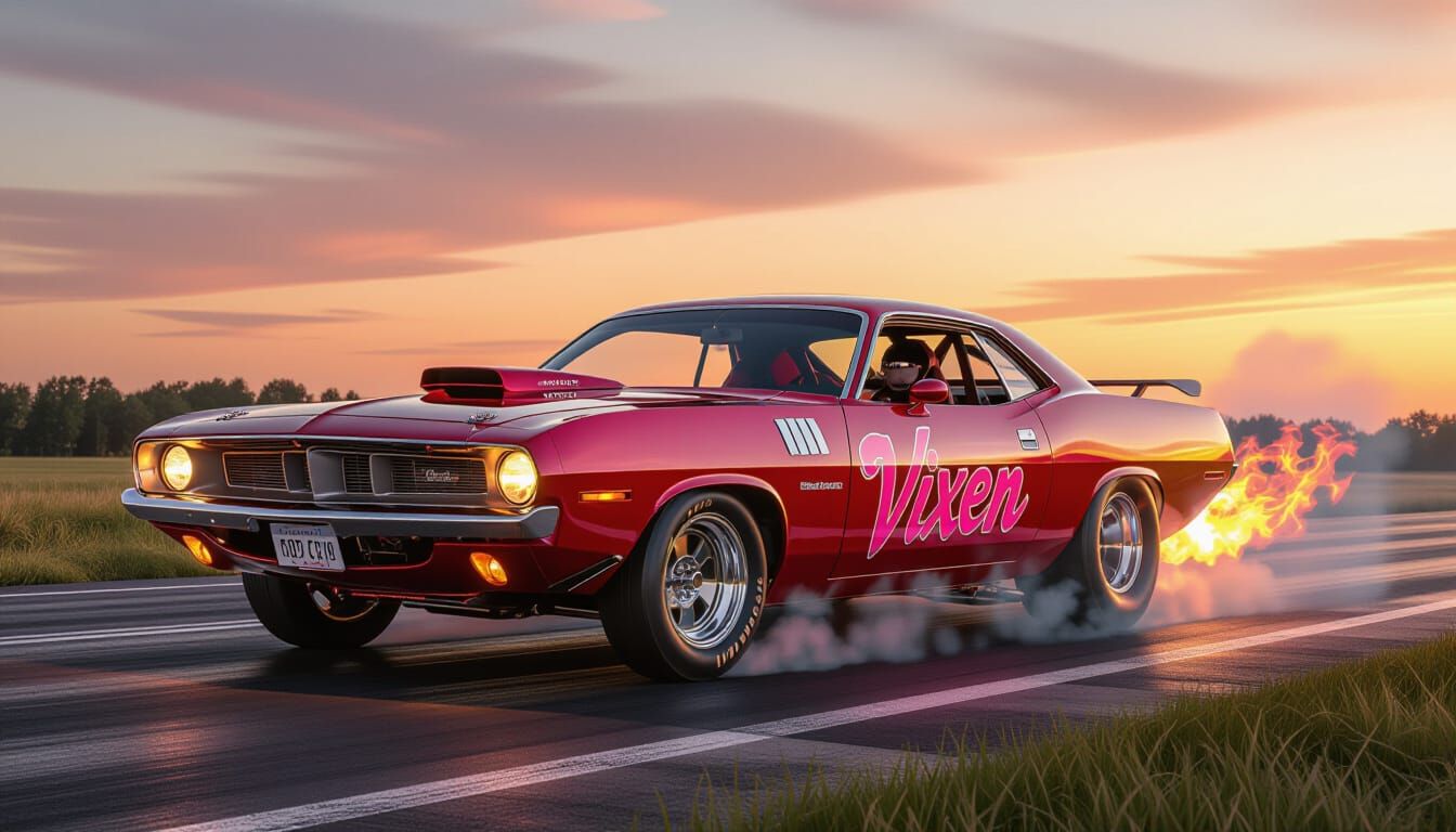 Retro Funny Car with Fiery Script in Kinkade Sunset