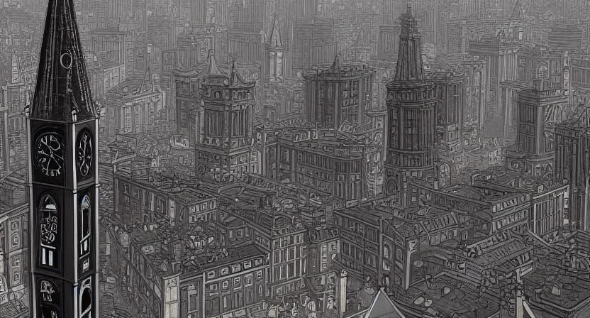 Gothic Clocktower in Eldritch City, Gothic Art