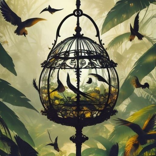 Whimsical Birdcage with Birds Flying Free