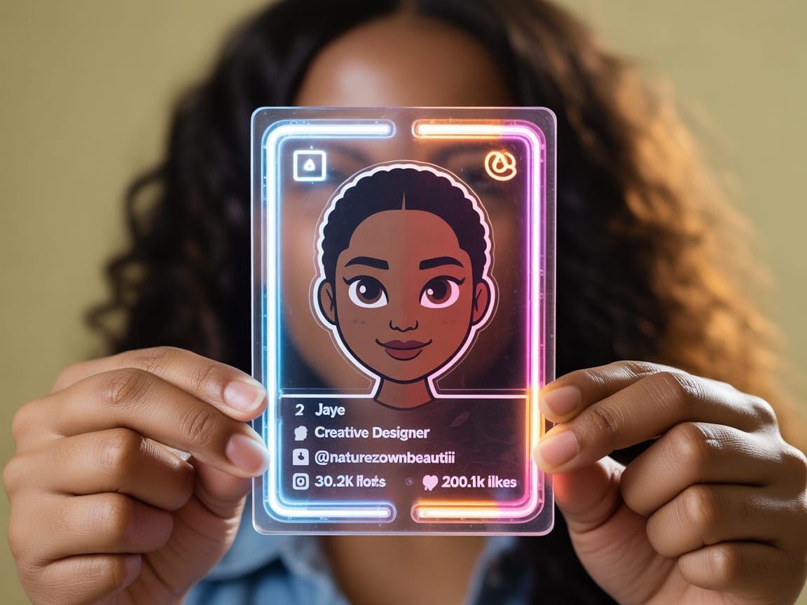 Woman Holds Glowing Social Media Profile Card