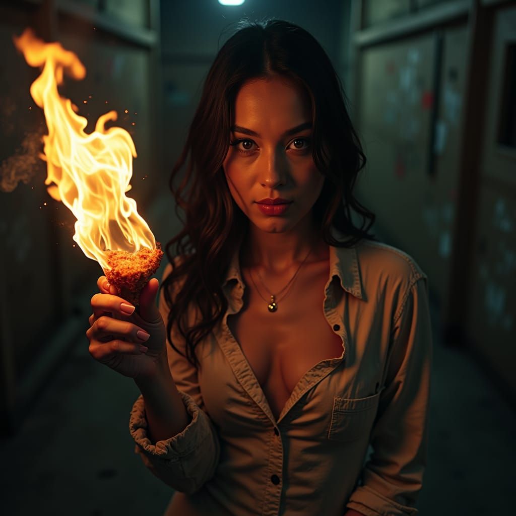 Woman with Chicken Molotov Cocktail in Crime Noir Style
