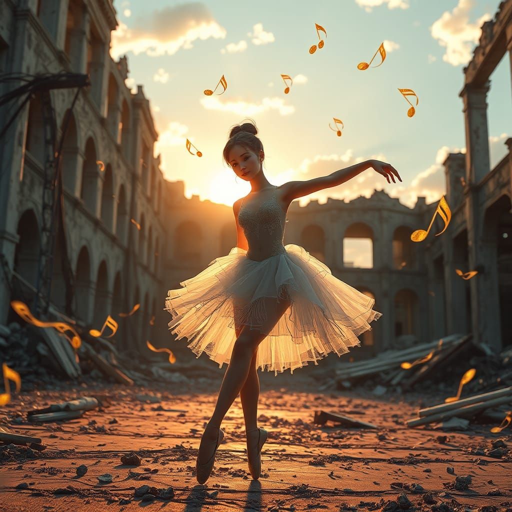 Ballet Dancer's Poignant Dance Among Ruins in Anime Style