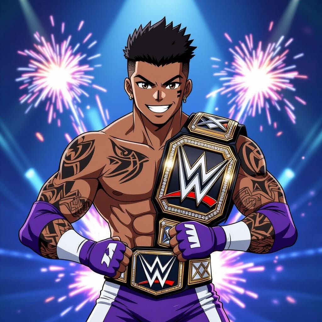 Anime Wrestler With Championship Belt and Fireworks