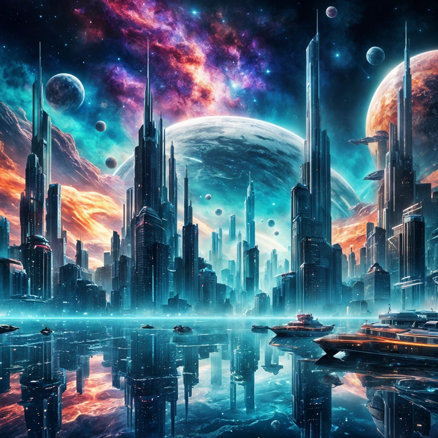 Futuristic Chrome City Under Vibrant Nebulae