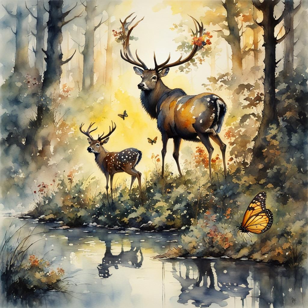 Butterfly and Stag in Sunlit Forest, Watercolor Painting