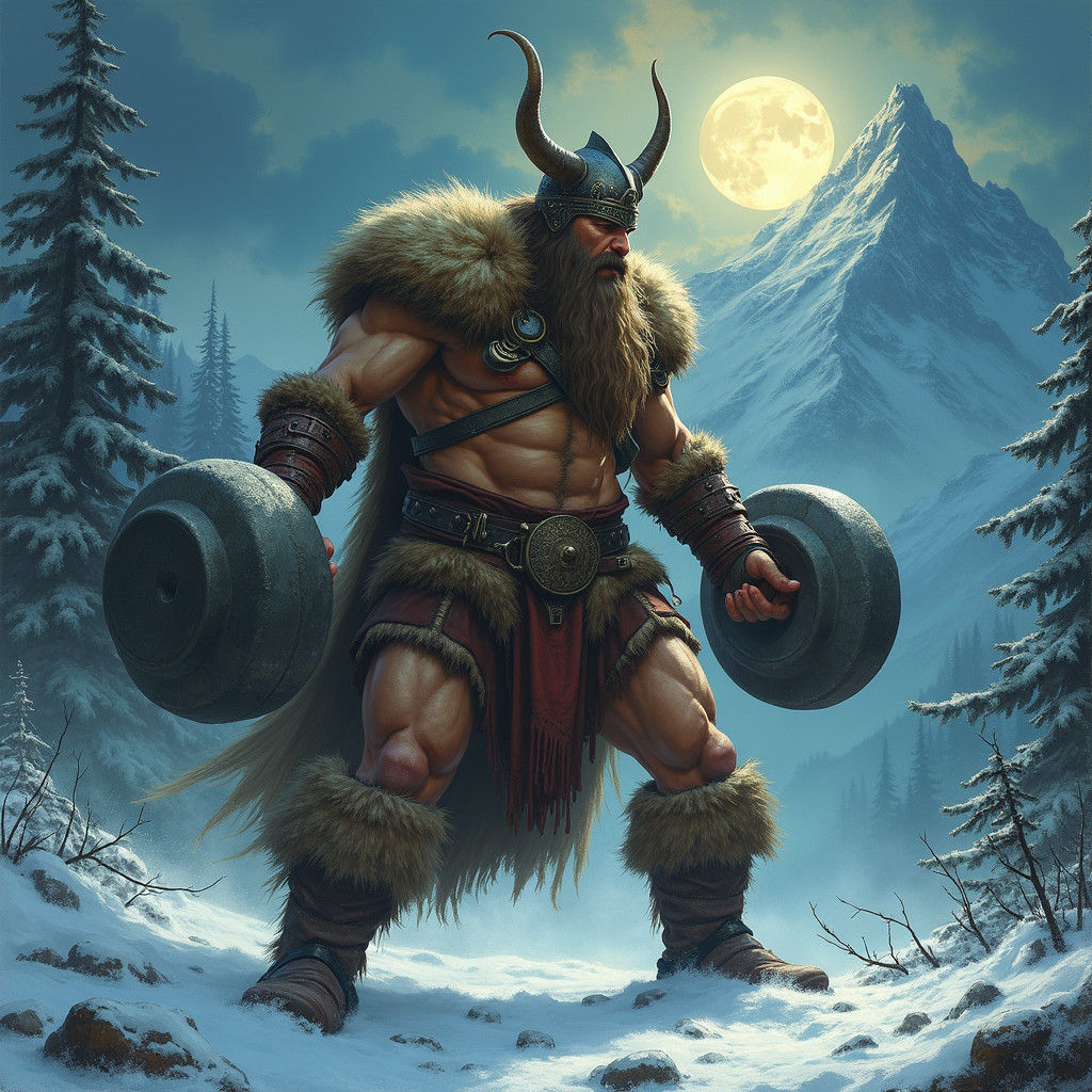 Viking Warrior Lifts Stone in Nordic Forest