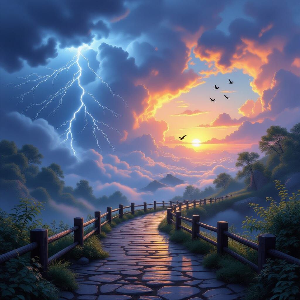 Ethereal Fantasy Landscape: Storm Meets Sunset