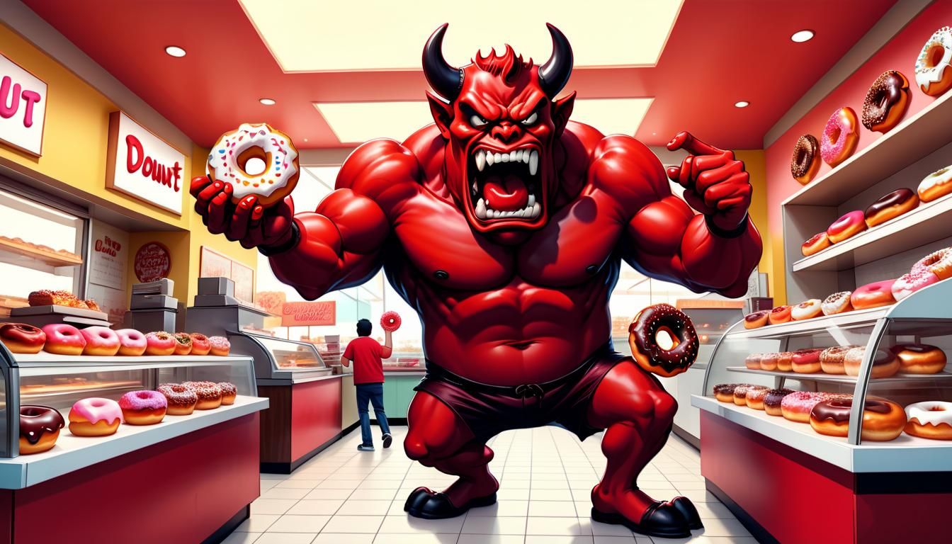 Angry Red Devil Yelling in Donut Shop Cartoon