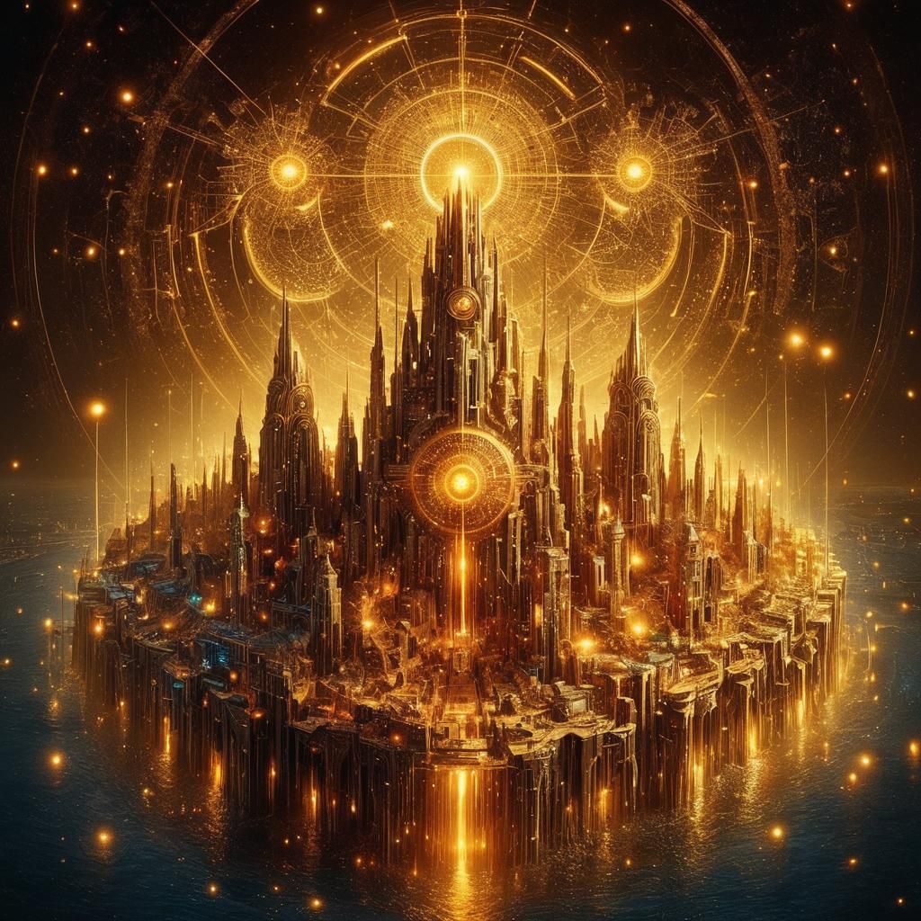 Golden Bioluminescent City of the Future: 3D Artwork