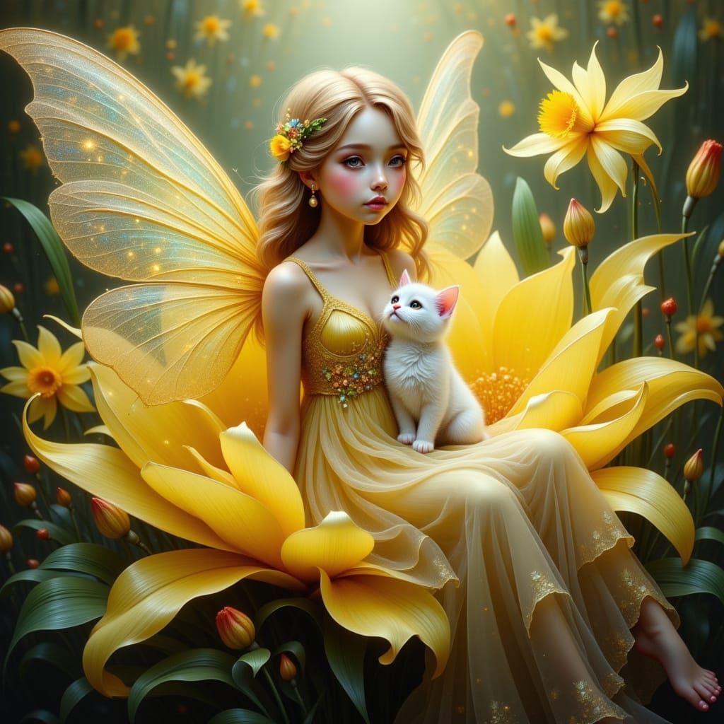 Elegant Fairy with Kitten in Daffodil Garden