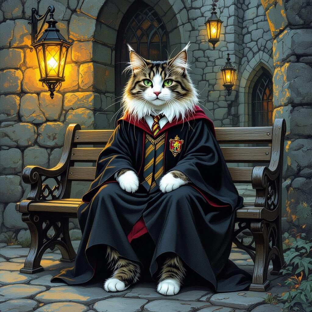Whiskered Cat in Hogwarts Robes, Mystical Realism Style