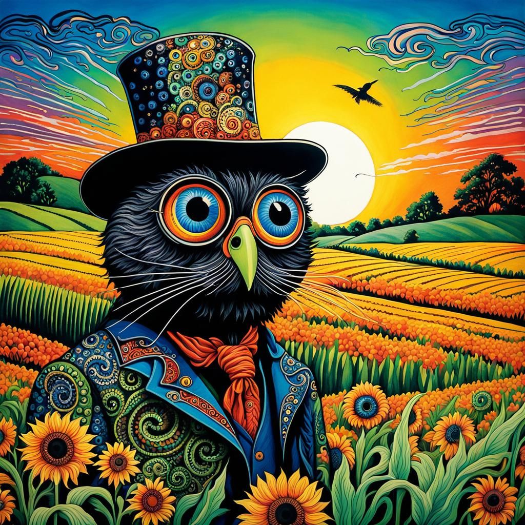 Googly-Eyed Scarecrow in Zentangle Cornfield