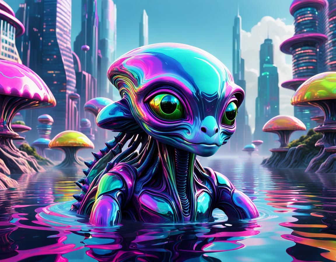 Lisa Frank Inspired Water Alien in Epic Futurism