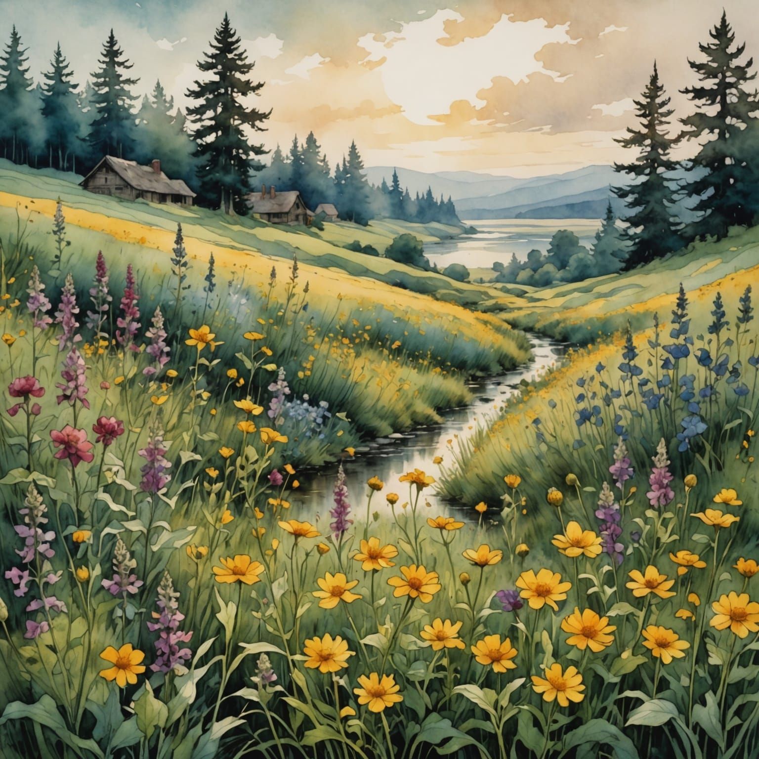 Wildflower Landscape in Arthur Rackham Watercolor Style