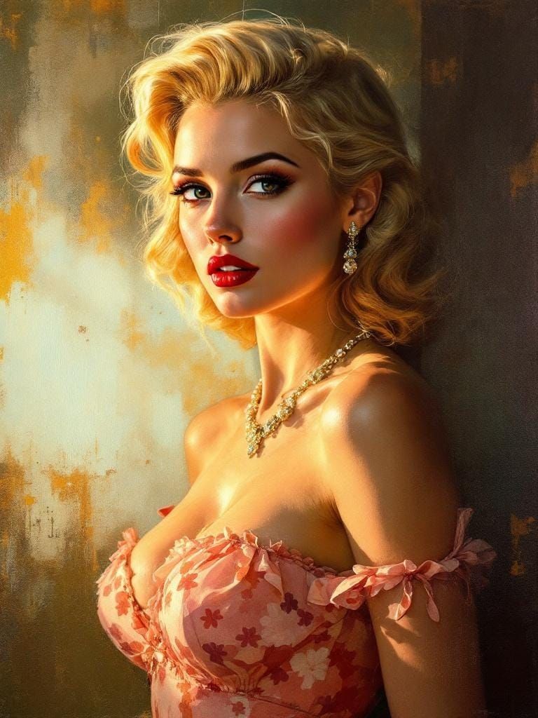 1950s Pin-Up in Textured Oil Painting with Atmospheric Light...