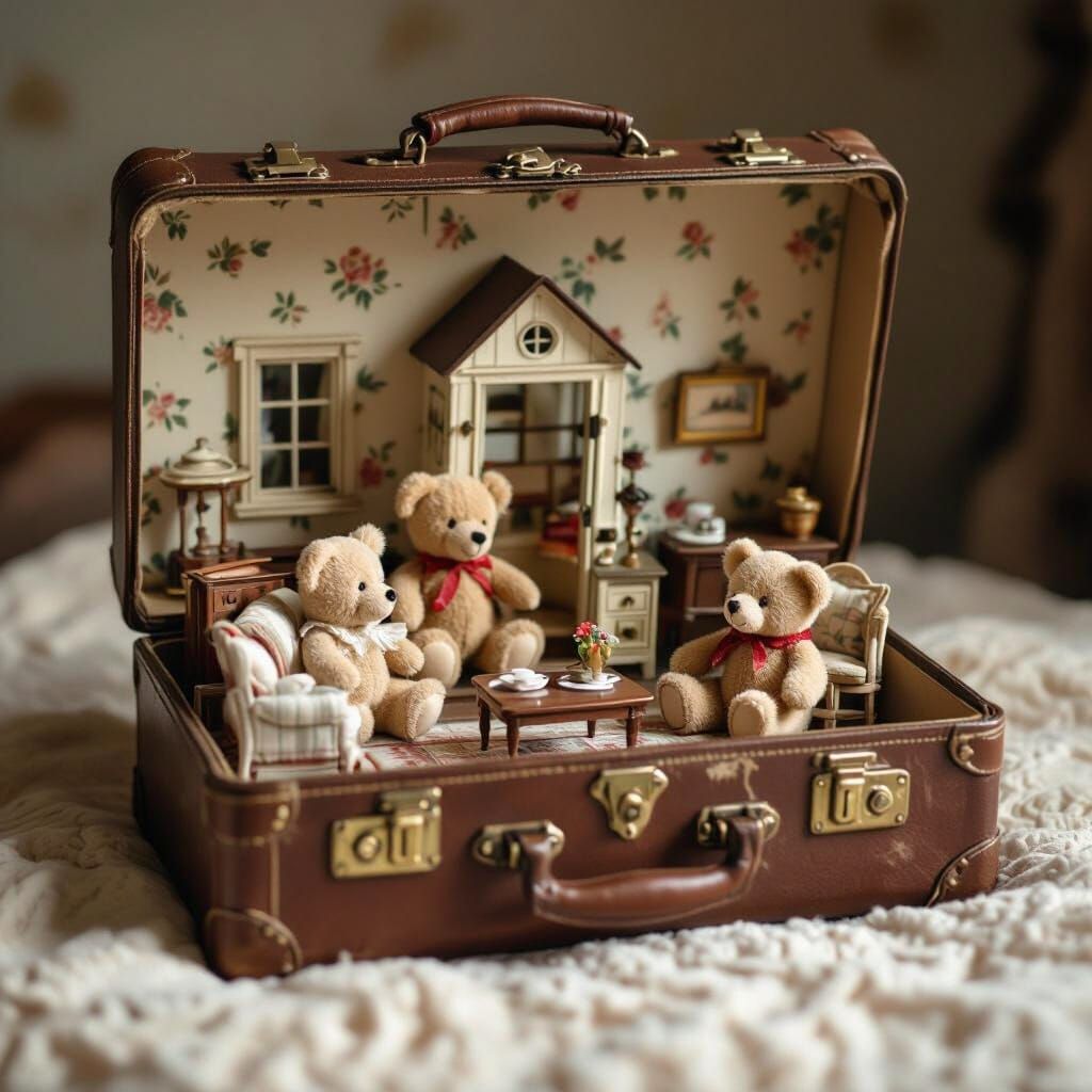 Miniature Teddy Bears in Vintage Suitcase Dollhouse