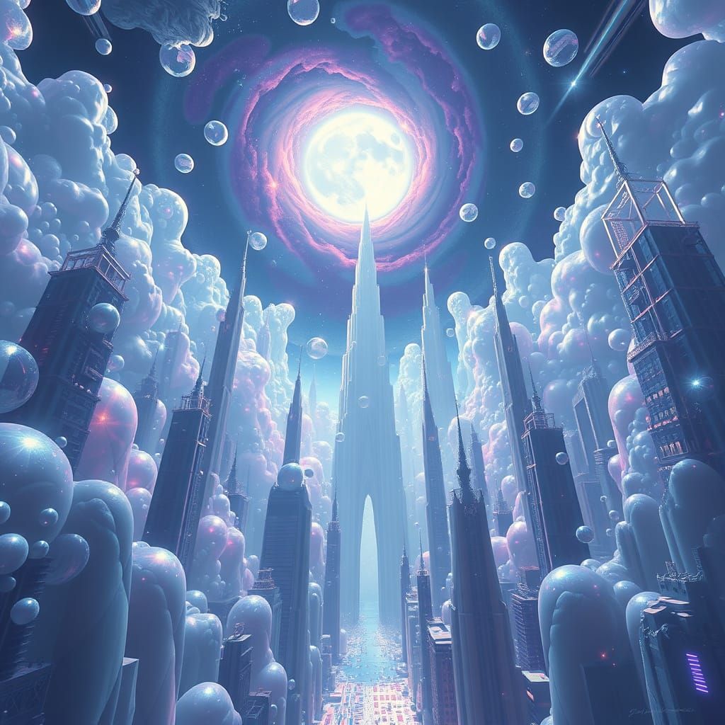 Dreamlike Cityscape of Soap Bubbles Under Moonlight