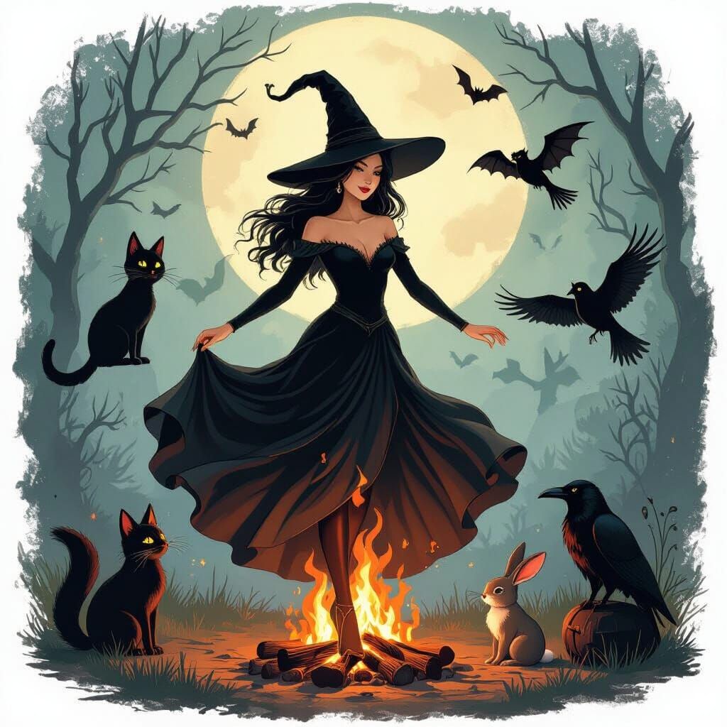 Mystical Bonfire Dance with Witch and Animals